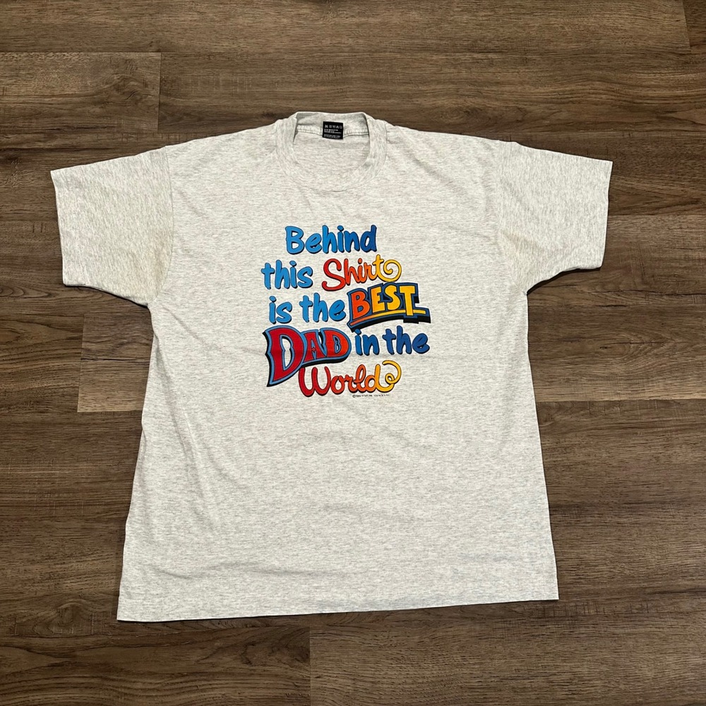 Vintage 1989 Best Dad In The World T-Shirt Men XL Heather Gray Made in USA 80s